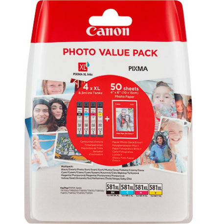 Canon CLI-581XL C / M / Y / BK Photo Value Pack - 4-pack - 8.3 ml - High Yield - black, yellow, cyan, magenta - original - ink tank  /  paper kit - for PIXMA TS6251, TS6350, TS6351, TS705, TS8252, TS8350, TS8351, TS8352, TS9550, TS9551 - 1