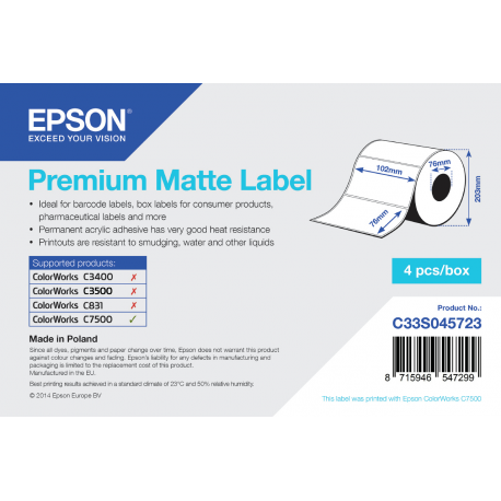 Epson Premium - Matte - permanent acrylic adhesive - 102 x 76 mm 6280 label(s) (4 roll(s) x 1570) die cut labels - for ColorWorks C7500, C7500G, CW-C6000Ae, CW-C6000Pe, TM-C7500 - 1
