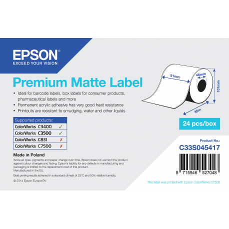 Epson Premium - Matte label continuous paper - Roll (5.1 cm x 35 m) - 1 roll(s) - for Epson TM-C3400-LT for model: Epson TM-C340
