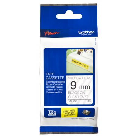 Brother TZe-S121 - Extra strength adhesive - black on clear - Roll (0.9 cm x 8 m) 1 cassette(s) laminated tape - for Brother PT-D210, D600, H110; P-Touch PT-1005, 1880, E800, H110; P-Touch Cube Plus PT-P710 - 1