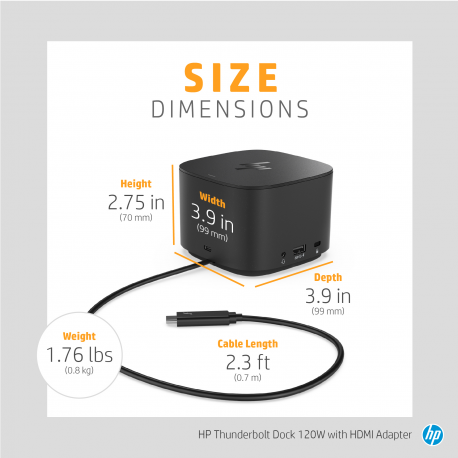 HP Thunderbolt Dock with HDMI Adapter - Docking station - USB-C  /  Thunderbolt 3 - VGA, 2 x DP - 10Mb LAN - 120 Watt - Europe - for OMEN by HP 15; ENVY 13, 17, 32; ENVY x360; Pavilion 14; Pavilion Gaming 15; Spectre x360 - 2