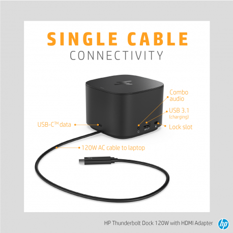 HP Thunderbolt Dock with HDMI Adapter - Docking station - USB-C  /  Thunderbolt 3 - VGA, 2 x DP - 10Mb LAN - 120 Watt - Europe - for OMEN by HP 15; ENVY 13, 17, 32; ENVY x360; Pavilion 14; Pavilion Gaming 15; Spectre x360 - 9