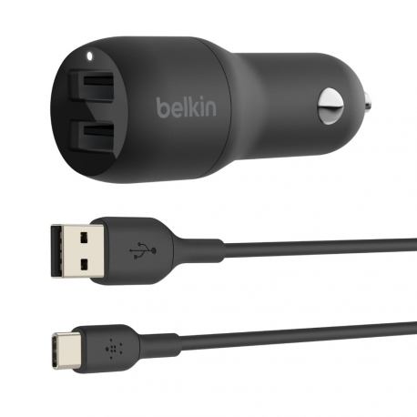 Belkin BOOST CHARGE Dual Charger - Car power adapter - 24 Watt - 4.8 A - 2 output connectors (USB) - on cable: USB-C - black - 0