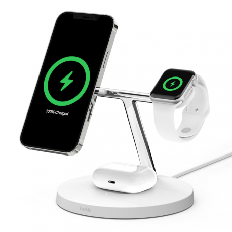 Belkin BOOST CHARGE PRO MagSafe 3-in-1 - Wireless charging stand - 15 Watt - white - for Apple AirPods (2nd Generation); AirPods Pro; iPhone 12, 12 mini, 12 Pro, 12 Pro Max; Watch - 14