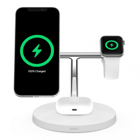 Belkin BOOST CHARGE PRO MagSafe 3-in-1 - Wireless charging stand - 15 Watt - white - for Apple AirPods (2nd Generation); AirPods Pro; iPhone 12, 12 mini, 12 Pro, 12 Pro Max; Watch - 16