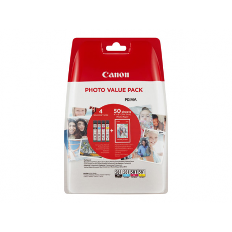 Canon CLI-581 C / M / Y / BK Photo Value Pack - 4-pack - 5.6 ml - black, yellow, cyan, magenta - original - ink tank  /  paper kit - for PIXMA TS6251, TS6350, TS6351, TS705, TS8252, TS8350, TS8351, TS8352, TS9550, TS9551 - 1
