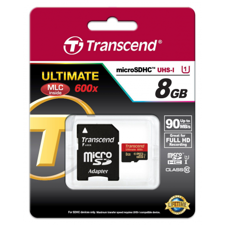 Transcend Ultimate - Flash memory card (microSDHC to SD adapter included) - 8 GB - UHS Class 1  /  Class10 - 600x - microSDHC UHS-I - 2