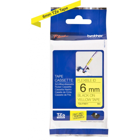 Brother TZeFX611 - Flexible tape - black on yellow - Roll (0.6 cm x 8 m) 1 roll(s) - for P-Touch H100, H200, PT-1010, 1080, 1280, 2030, 3600, D800, E300, H101, H105, H75, P750 for model: Brother BA9000, Brother P-Touch GL-H100, Brother P-Touch GL-H105, Brother P-Touch PT-1000, Brother P-Touch PT-1005FB, Brother P-Touch PT-1010, Brother P-Touch PT-1 - 3