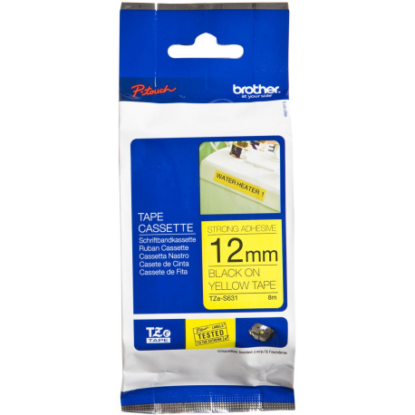 Brother TZe-S631 - Extra strength adhesive - black on yellow - Roll (1.2 cm x 8 m) 1 cassette(s) laminated tape - for Brother PT-D210, D600, H110; P-Touch PT-1005, 1880, E800, H110; P-Touch Cube Plus PT-P710 - 1