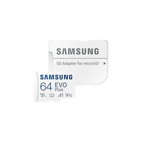 Samsung EVO Plus MB-MC64KA - Flash memory card (microSDXC to SD adapter included) - 64 GB - A1  /  Video Class V10  /  UHS-I U1  /  Class10 - microSDXC UHS-I - white - 3