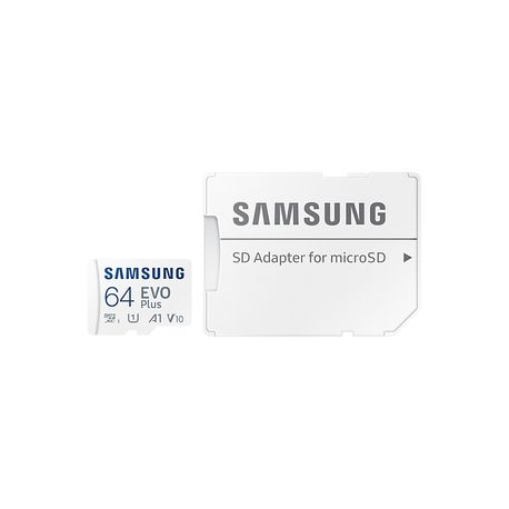 Samsung EVO Plus MB-MC64KA - Flash memory card (microSDXC to SD adapter included) - 64 GB - A1  /  Video Class V10  /  UHS-I U1  /  Class10 - microSDXC UHS-I - white - 5