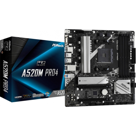 ASRock A520M Pro4 - Motherboard - micro ATX - Socket AM4 - AMD A520 Chipset - USB-C Gen1, USB 3.2 Gen 1 - Gigabit LAN - onboard graphics (CPU required) - HD Audio (8-channel) - 4