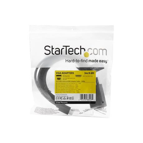 StarTech.com 3m VGA to HDMI Converter Cable with USB Audio Support & Power, Analog to Digital Video Adapter Cable to connect a VGA PC to HDMI Display, 1080p Male to Male Monitor Cable - Supports Wide Displays (VGA2HDMM3M) - Video interface converter - USB, HD-15 (VGA) (M) to HDMI (M) - 3 m - black - active, 1080p support, USB power + audio - 6