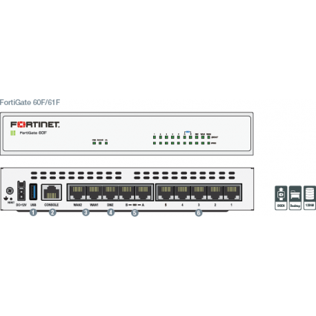 FORTINET FortiGate-60F - 10 x GE RJ45 ports including 7 x Internal Ports 2 x WAN Ports 1 x DMZ Port