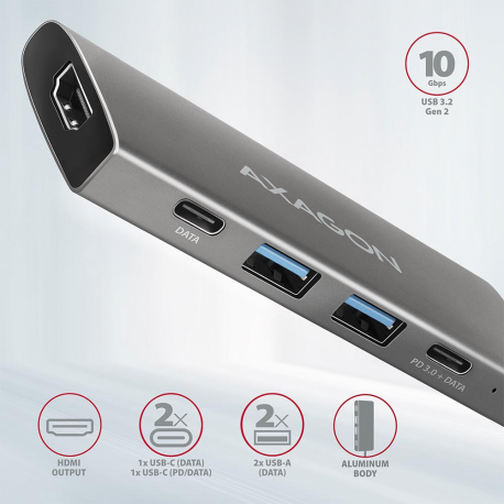 AXAGON HMC-5G2 2x USB-A + 2x USB-C + HDMI, USB-C 3.2 Gen 2 10Gbps hub, PD 60W