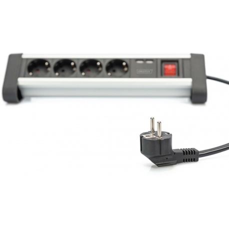 DIGITUS DA-70614 - Power strip - AC 110-240 V - 3680 Watt - input: power - output connectors: 4 (2 x USB, 4 x CEE 7 / 4) - 1.5 m cord - black, silver - 2