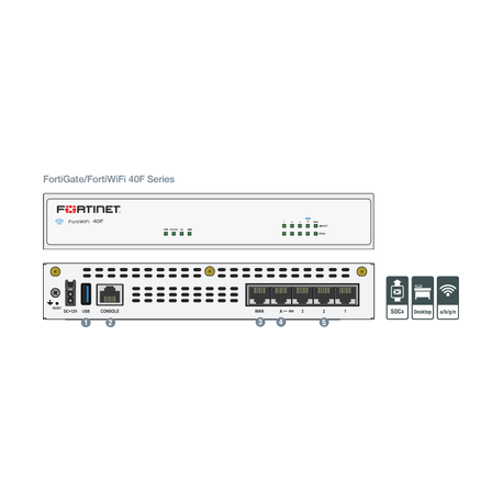 FORTINET FortiGate-40F - 5 x GE RJ45 ports including 4 x Internal Ports 1 x WAN Ports Max managed FortiAPs Total Tunnel 10 5