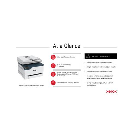 Xerox C235 A4 multifunction printer 22ppm. Duplex, network, wifi, USB, 2.4" colour touch screen, 250 sheet paper tray