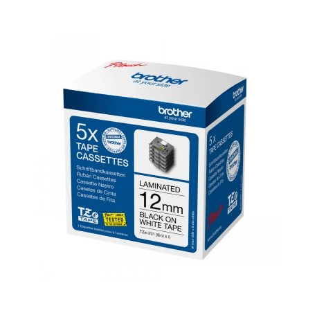 Brother TZe-231 - Adhesive - black on white - Roll (1.2 cm x 8 m) 1 cassette(s) laminated tape (pack of 5) - for P-Touch PT-1010, 1090, 1230, 1280, 1290, 1880, 1950, 2100, 2430, 2700, 3600, 7100, 9500 - 2