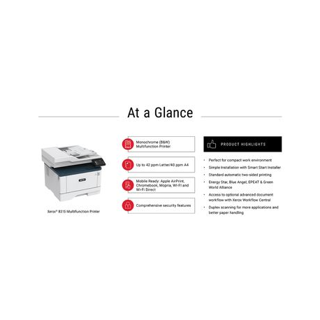 Xerox B315DNI A4 mono MFP 40ppm. Print, Copy, Scan, Fax. Duplex, network, wifi, USB, 250 sheet paper tray