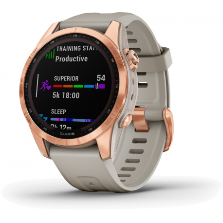 Garmin fenix 7S Solar - 42 mm - rose gold - sport watch with band - silicone - light sand - wrist size: 108-182 mm - display 1.2" - 16 GB - Bluetooth, Wi-Fi, ANT+ - 63 g - 1