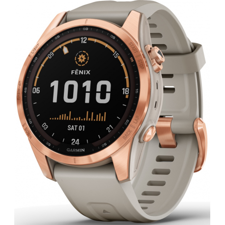 Garmin fenix 7S Solar - 42 mm - rose gold - sport watch with band - silicone - light sand - wrist size: 108-182 mm - display 1.2" - 16 GB - Bluetooth, Wi-Fi, ANT+ - 63 g - 2
