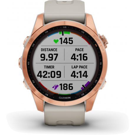 Garmin fenix 7S Solar - 42 mm - rose gold - sport watch with band - silicone - light sand - wrist size: 108-182 mm - display 1.2" - 16 GB - Bluetooth, Wi-Fi, ANT+ - 63 g - 5