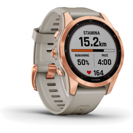 Garmin fenix 7S Solar - 42 mm - rose gold - sport watch with band - silicone - light sand - wrist size: 108-182 mm - display 1.2" - 16 GB - Bluetooth, Wi-Fi, ANT+ - 63 g - 9