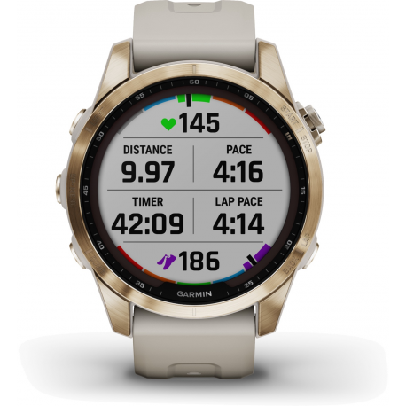 Garmin fenix 7S Sapphire Solar - 42 mm - cream gold titanium - sport watch with band - silicone - light sand - wrist size: 108-182 mm - display 1.2" - 32 GB - Bluetooth, Wi-Fi, ANT+ - 58 g - 4