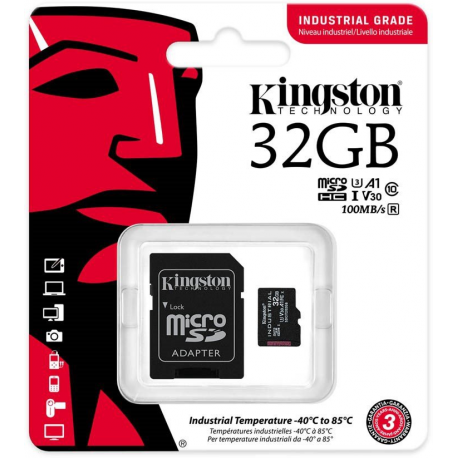 Kingston Industrial - Flash memory card (microSDHC to SD adapter included) - 32 GB - A1  /  Video Class V30  /  UHS-I U3  /  Class10 - microSDHC UHS-I - 5