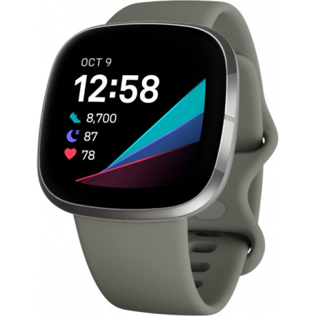 Fitbit Sense - Silver stainless steel - smart watch with band - silicone - sage grey - band size: S / L - Wi-Fi, NFC, Bluetooth - 3