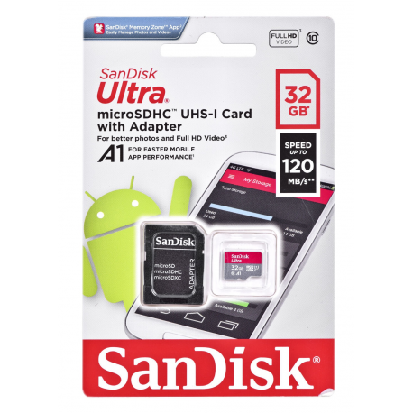 SanDisk Ultra - Flash memory card (microSDHC to SD adapter included) - 32 GB - A1  /  UHS-I U1  /  Class10 - microSDHC UHS-I - 3