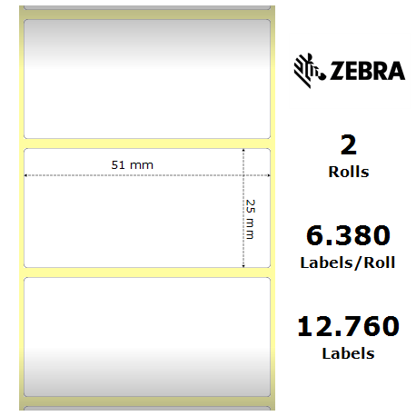 Zebra PolyPro 3000T - Polypropylene (PP) - glossy - permanent acrylic adhesive - white - 51 x 25 mm 12760 label(s) (2 roll(s) x 6380) labels - 1