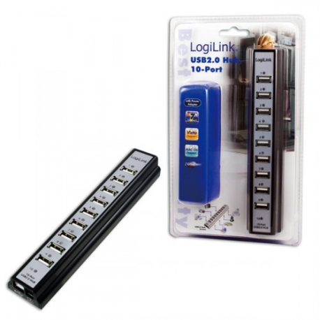 Logilink UA0096 USB Hub 10-Port USB2.0 with power adapter, black