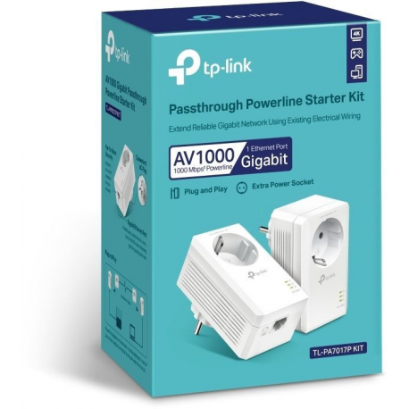TP-Link AV1000 - Gigabit Passthrough Powerline Starter Kit - bridge - GigE, HomePlug AV (HPAV), HomePlug AV (HPAV) 2.0, IEEE 1901 - wall-pluggable (pack of 2) - 2