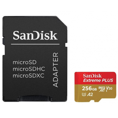 SanDisk Extreme PLUS - Flash memory card (microSDXC to SD adapter included) - 256 GB - A2 / Video Class V30 / UHS-I U3 / Class10 - microSDXC UHS-I - 1