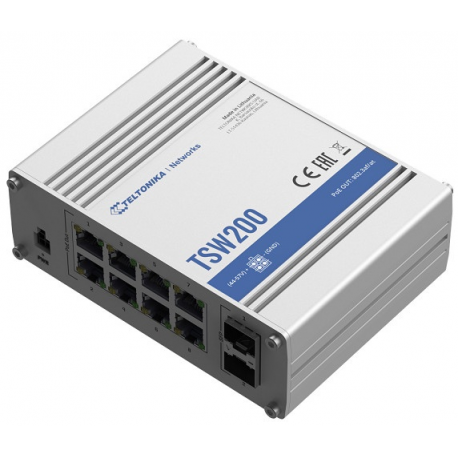 Teltonika TSW200 - Switch - unmanaged - 8 x 10 / 100 / 1000 (PoE+) + 2 x SFP - DIN rail mountable, surface-mountable - PoE+ (240 W) - DC power - 0