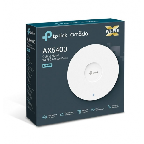TP-Link Omada EAP670 V1.26 - Radio access point - Wi-Fi 6 - 2.4 GHz, 5 GHz - cloud-managed - wall  /  ceiling mountable - for Omada OC200, OC300; Omada Cloud Controller OC200 - 11