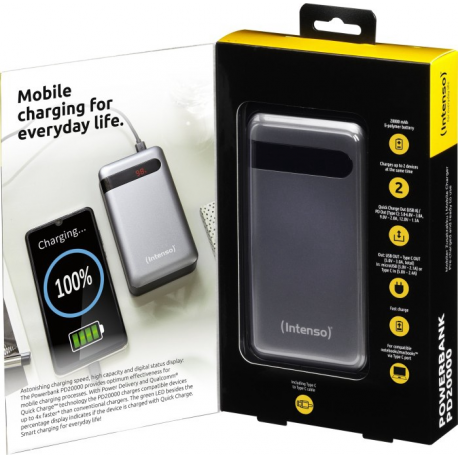 Intenso PD20000 - Power bank - 20000 mAh - 3 A - PD, QC 3.0 - 2 output connectors (USB, USB-C) - on cable: USB-C - anthracite - 5