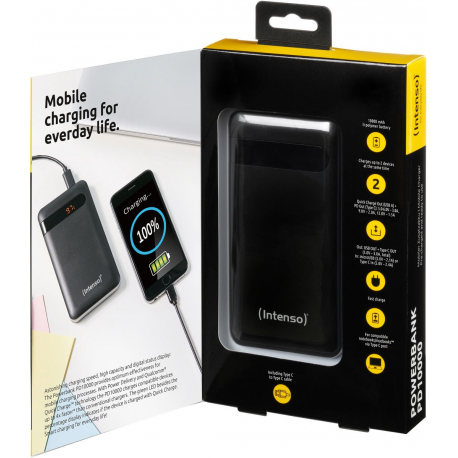 Intenso Powerbank PD10000 - Power bank - 10000 mAh - 3 A - QC 3.0 (USB-C) - on cable: USB-C - black - 6