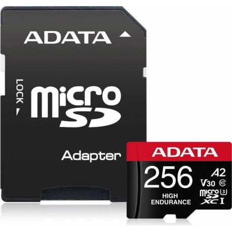 ADATA High Endurance - Flash memory card (microSDXC to SD adapter included) - 256 GB - A2 / Video Class V30 / UHS-I U3 / Class10 - microSDXC UHS-I - 0