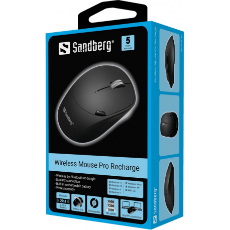 Sandberg Pro - Mouse - optical - 6 buttons - wireless - 2.4 GHz, Bluetooth 4.0, Bluetooth 5.0 - USB wireless receiver - 5