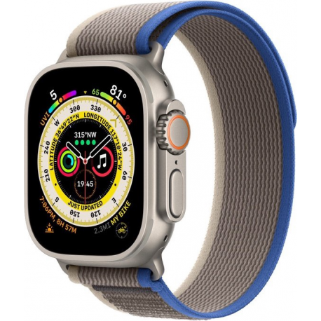Apple Watch Ultra - 49 mm - titanium - smart watch with Trail Loop - soft double-layer nylon - blue / grey - band size: M / L - 32 GB - Wi-Fi, LTE, UWB, Bluetooth - 4G - 61.3 g - 0