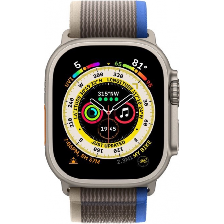 Apple Watch Ultra - 49 mm - titanium - smart watch with Trail Loop - soft double-layer nylon - blue / grey - band size: M / L - 32 GB - Wi-Fi, LTE, UWB, Bluetooth - 4G - 61.3 g - 1