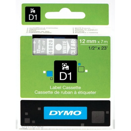 DYMO D1 - Self-adhesive - white on transparent - Roll (1.2 cm x 7 m) 1 cassette(s) label tape - for LabelMANAGER 160, 210D, 210D Kit, 210D Kit Case, 280, 360D, 420P, 420P Kit, 500TS, PnP - 0