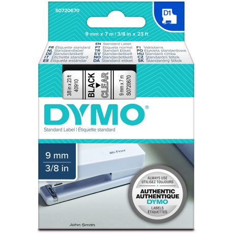 DYMO D1 - Self-adhesive - black on transparent - Roll (0.9 cm x 7 m) 1 cassette(s) label tape - for LabelMANAGER 100, 160, 210, 220, 260, 280, 300, 360, 420, Wireless PnP; LabelPOINT 250 - 0