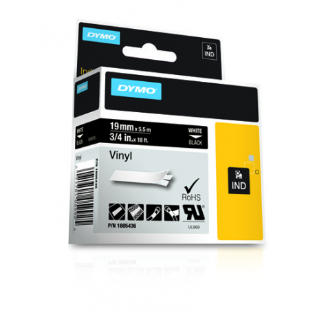 DYMO Rhino Coloured Vinyl - Vinyl - permanent adhesive - white on black - Roll (1.9 cm x 5.5 m) 1 cassette(s) tape - for DYMO ILP219; Rhino 4200, 5000, 5200, 6000; RhinoPRO 3000, 5000, 6000, 6500 - 2