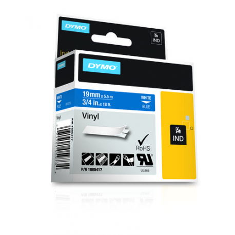 DYMO Rhino Coloured Vinyl - Vinyl - permanent adhesive - white on blue - Roll (1.9 cm x 5.5 m) 1 cassette(s) tape - for DYMO ILP219; Rhino 4200, 5000, 5200, 6000; RhinoPRO 3000, 5000, 6000, 6500 - 2