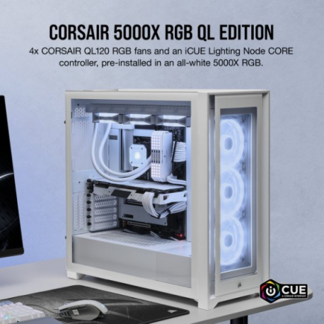 CORSAIR iCUE 5000X RGB QL Edition - Mid tower - windowed side panel (tempered glass) - no power supply (ATX) - true white - USB/Audio - 4