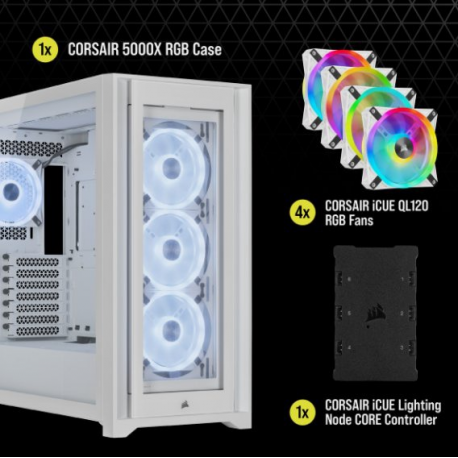 CORSAIR iCUE 5000X RGB QL Edition - Mid tower - windowed side panel (tempered glass) - no power supply (ATX) - true white - USB/Audio - 7